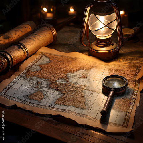 Tattered Maps and Scrolls- Old, tattered maps or scrolls spread across a dark table,  