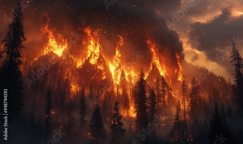 A forest fire blazing through a mountainous region, flames climbing high into the trees