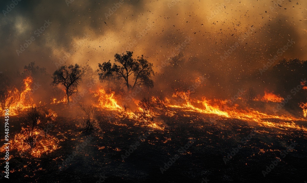 A forest fire sweeping through a dry landscape, flames consuming the trees and vegetation A forest fire sweeping through a dry landscape, flames consuming the trees and vegetation
