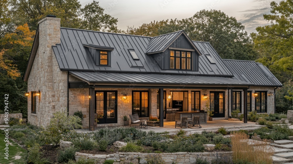 farmhouse style, a blend of modern and rustic styles in the farmhouse exterior, with a metal roof for a hint of industrial chic farmhouse style, a blend of modern and rustic styles in the farmhouse exterior, with a metal roof for a hint of industrial chic
