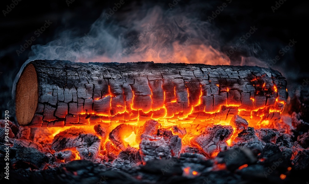 A log resting in a crackling campfire, flames dancing A log resting in a crackling campfire, flames dancing