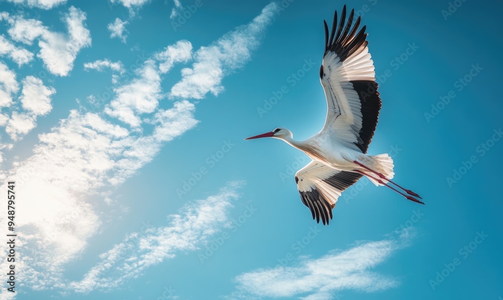 Obraz premium A lone stork gliding peacefully, sunlight streaming through the clouds