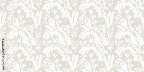 Seamless french gender neutral floral linen printed fabric border background. Light mottled white on grey cottage core block print pattern. Shabby chic woven duotone cloth effect. 