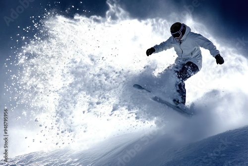 Snowboarder Carving Through Powder on a Mountainside photo