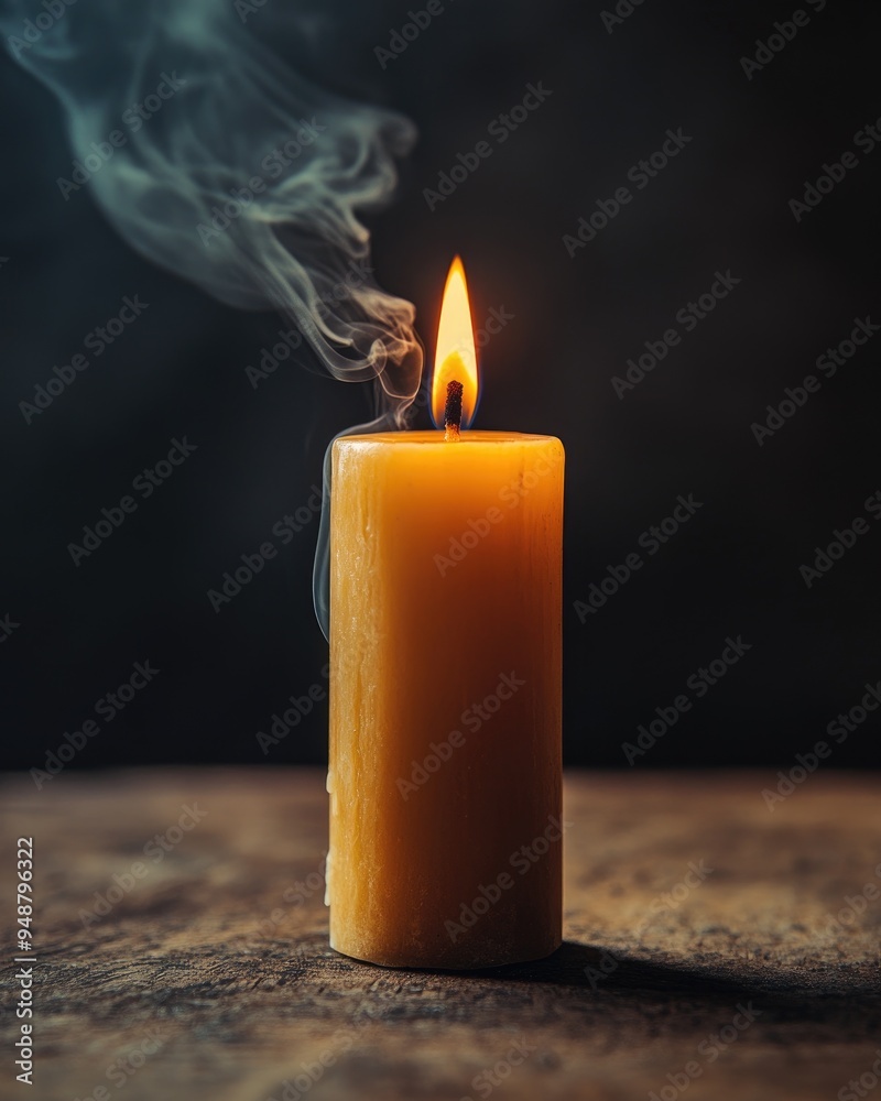 A simple beeswax candle burning gently, placed on a rough wooden table