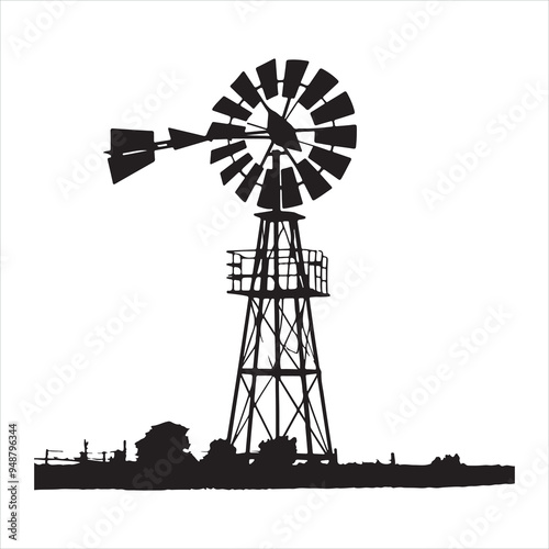 Classic australian metal windmill silhouette white bacground
