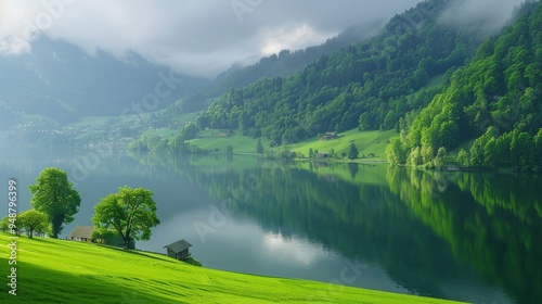 Breathtaking romantic summer landscape featuring a serene lake surrounded by majestic mountains