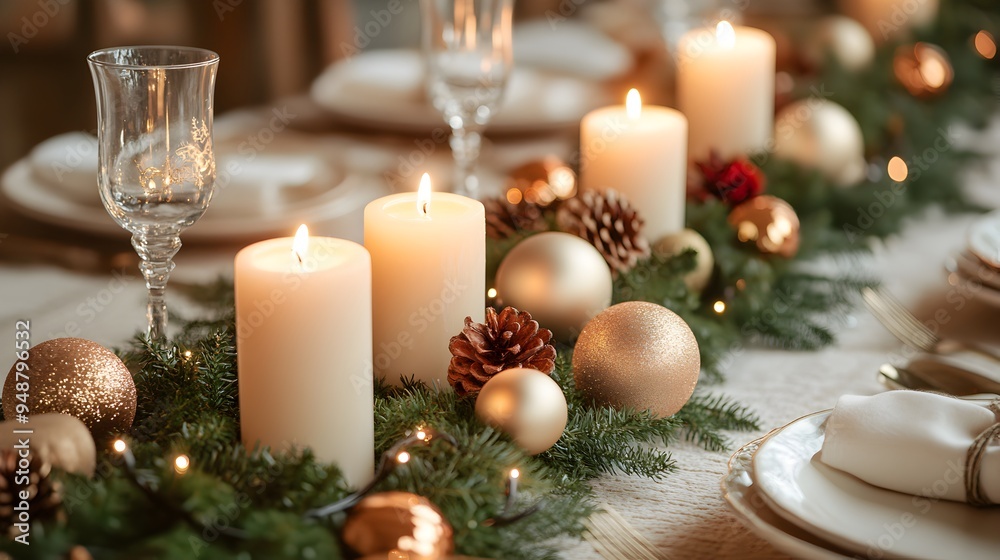 Elegant holiday table arrangement featuring flickering candles, lush greenery, and colorful ornaments creating a warm and inviting atmosphere for celebrations Elegant holiday table arrangement featuring flickering candles, lush greenery, and colorful ornaments creating a warm and inviting atmosphere for celebrations