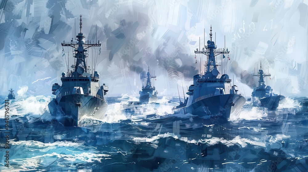 naval power trio of military ships sailing in formation on open sea demonstrating maritime strength realistic digital painting naval power trio of military ships sailing in formation on open sea demonstrating maritime strength realistic digital painting
