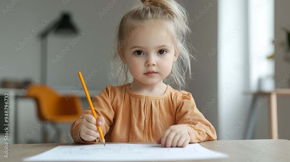 A cute preschool girl focused on drawing with a pencil in a comfortable home setting. She exemplifies early childhood creativity and concentration. A cute preschool girl focused on drawing with a pencil in a comfortable home setting. She exemplifies early childhood creativity and concentration.