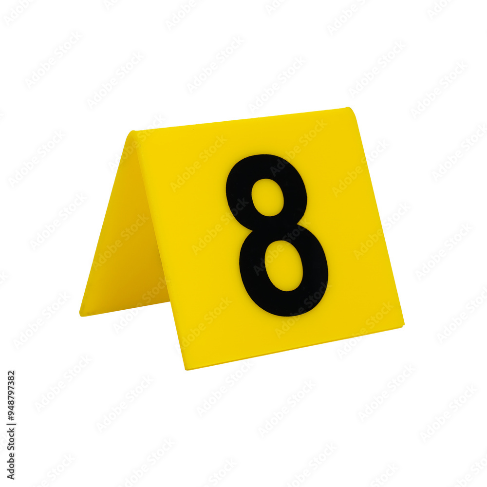 Crime scene investigation. Yellow evidence identification marker on transparent background number 8