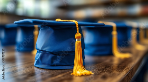 A close-up image showcasing blue graduation caps with yellow tassels neatly arranged on a wooden table, symbolizing academic achievement and university life.