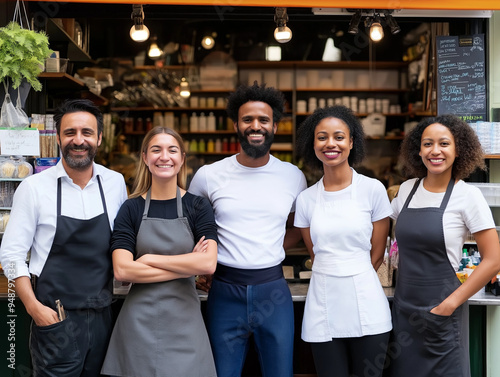 Diverse Group of Smiling Shopkeepers in Front of Store