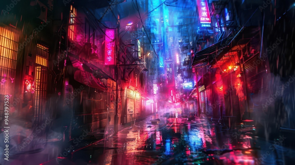 Fototapeta premium neonlit alleyway at night rainslicked streets reflecting vibrant colors wisps of smoke drifting through searchlight beams creating an atmospheric cyberpunk urban scene