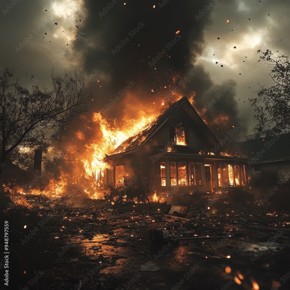 A suburban home on fire, flames licking at the sky A suburban home on fire, flames licking at the sky