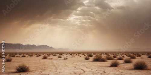 Approaching dust storm over cracked desert landscape. photo