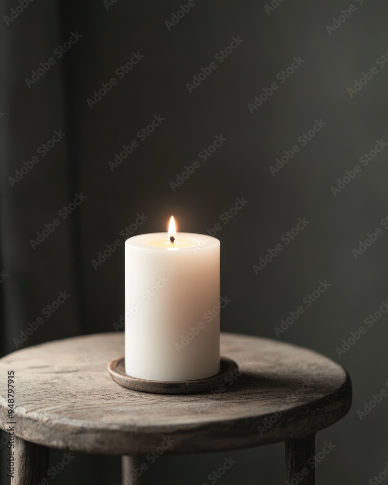 A thick white candle with a steady flame A thick white candle with a steady flame