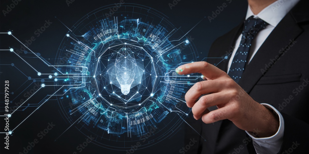 Φωτογραφία Igniting Innovation: Businessman in suit activates a holographic lightbulb, symbolizing the spark of a brilliant idea in the tech world