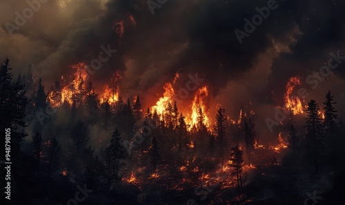 A wildfire blazing through a forested area, flames climbing high into the trees