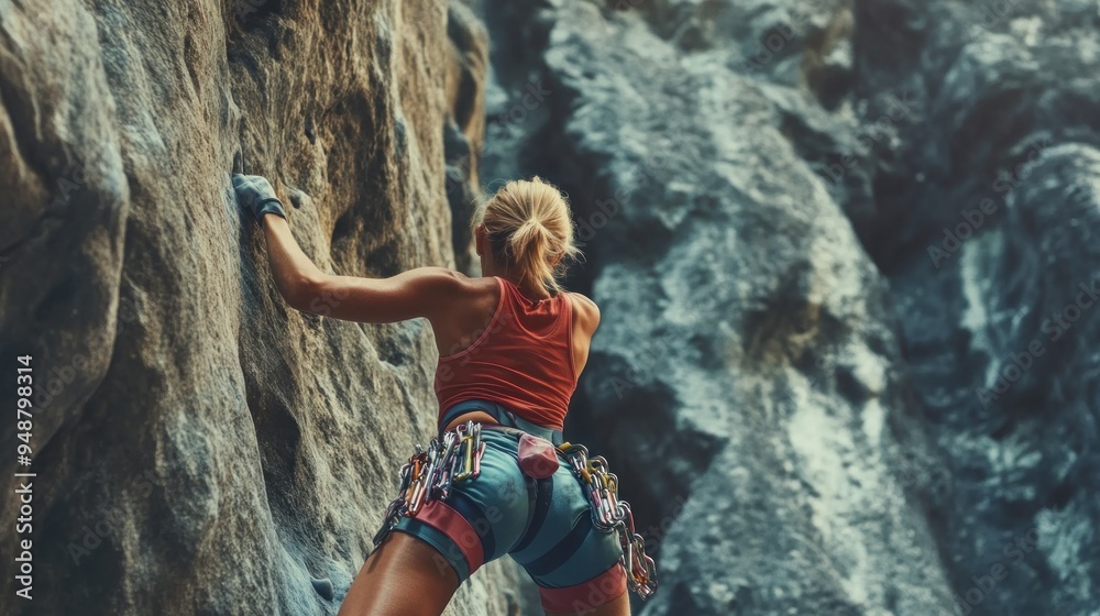 Rock Climbing Adventure: A Woman Ascends a Rugged Cliff Rock Climbing Adventure: A Woman Ascends a Rugged Cliff