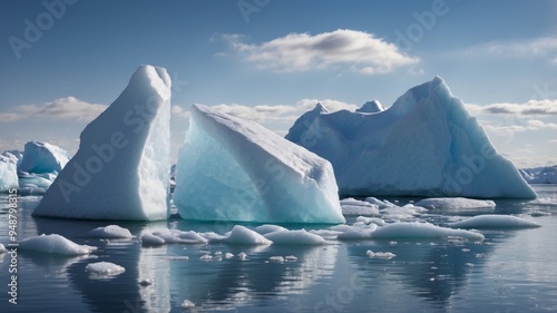 Arctic Landscape with Icebergs and Blue Sky.