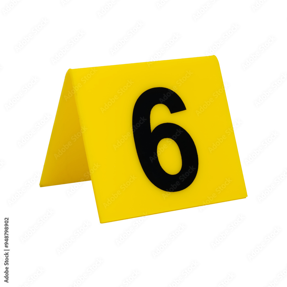 Crime scene investigation. Yellow evidence identification marker on transparent background number 6