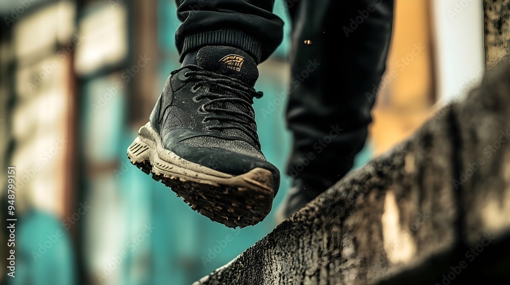 A close-up of a parkour practitioner's feet landing on a ledge, highlighting the details of their footwear and movement A close-up of a parkour practitioner's feet landing on a ledge, highlighting the details of their footwear and movement
