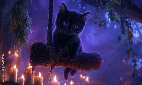 Black cat perched confidently on a witch's broom