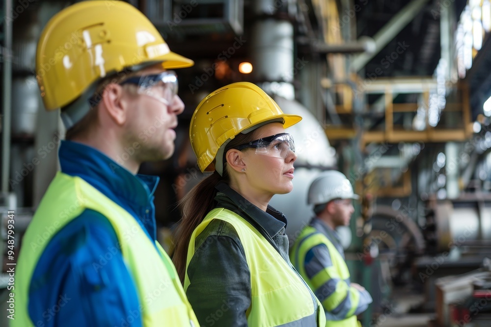 Workers in hard hats and vests at an industrial site Workers in hard hats and vests at an industrial site