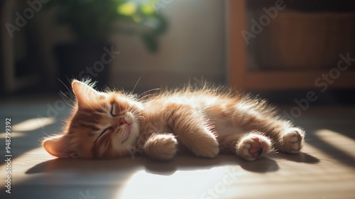 Adorable Sleeping Kitten in Sunlight - Cozy Home Atmosphere
