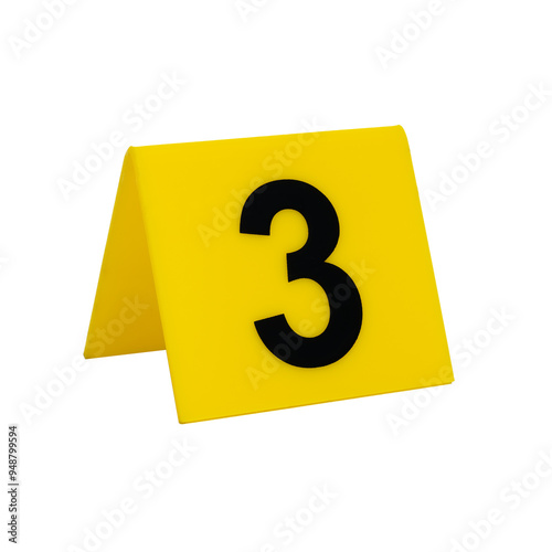 Crime scene investigation. Yellow evidence identification marker on transparent background number 3