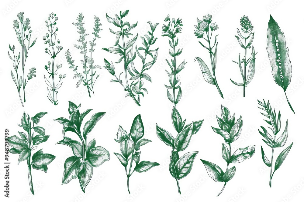 Hand-drawn illustrations of botanical elements for eco-friendly design Hand-drawn illustrations of botanical elements for eco-friendly design