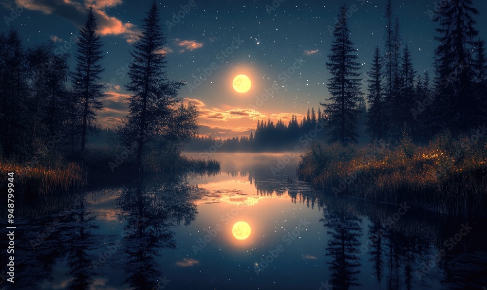 Calm river reflecting the bright moon, tall trees on the banks Calm river reflecting the bright moon, tall trees on the banks