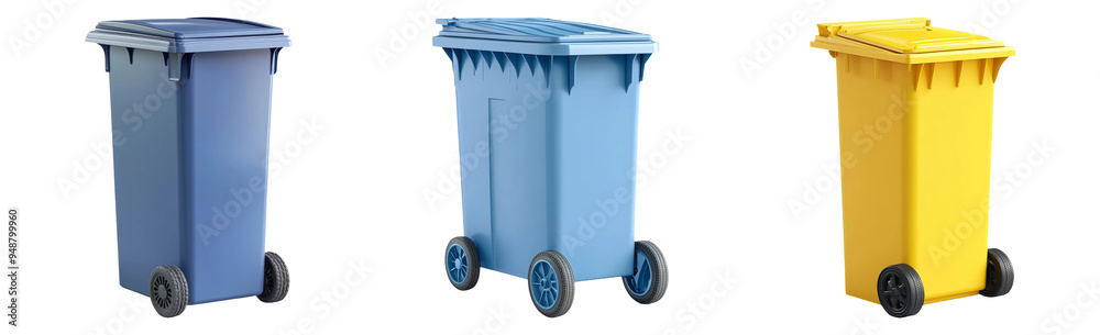 Set of trash bins in different colors isolated on transparent background Set of trash bins in different colors isolated on transparent background
