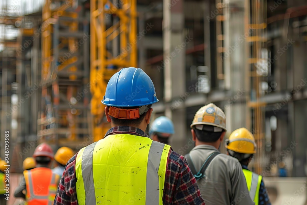 Workers in hard hats and vests at an industrial site Workers in hard hats and vests at an industrial site