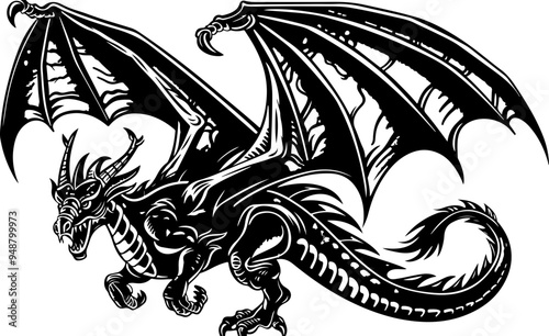 Detailed Woodcut of a Mythical Dragon with Wings