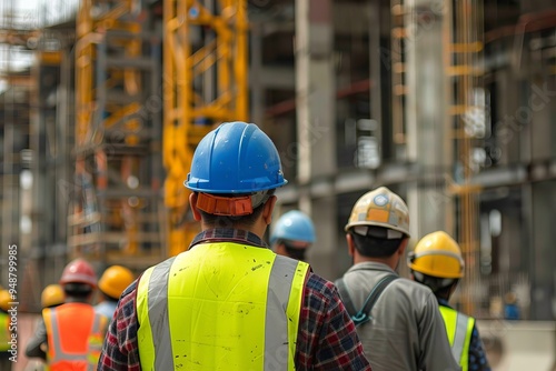 Workers in hard hats and vests at an industrial site