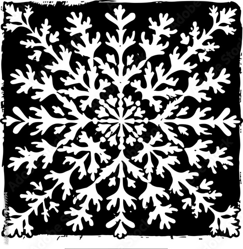 Intricate Woodcut Snowflake Design in Black and White