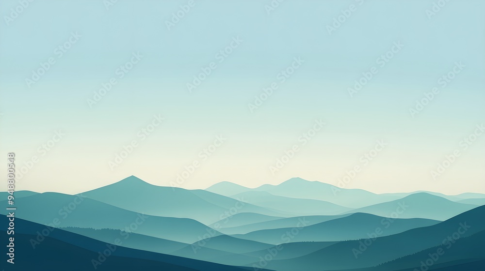 A minimalist poster featuring a serene landscape with mountains in the background and a clear blue sky, emphasizing copy space for text placement