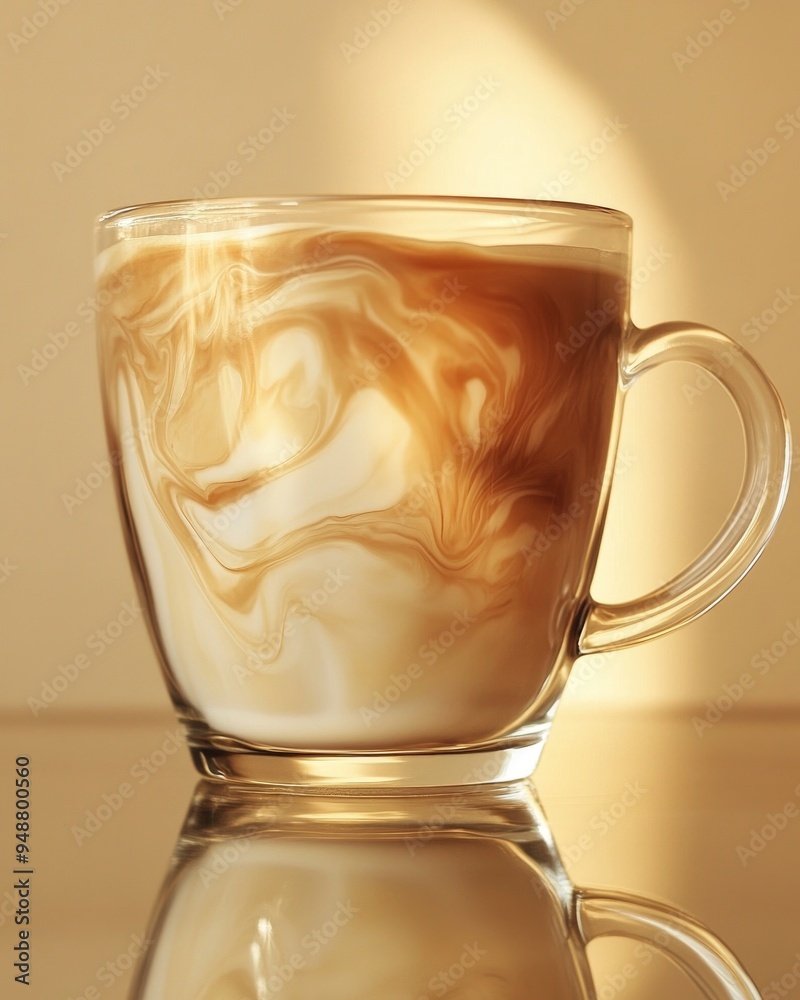 Clear glass cup with coffee, light cream swirls creating patterns Clear glass cup with coffee, light cream swirls creating patterns