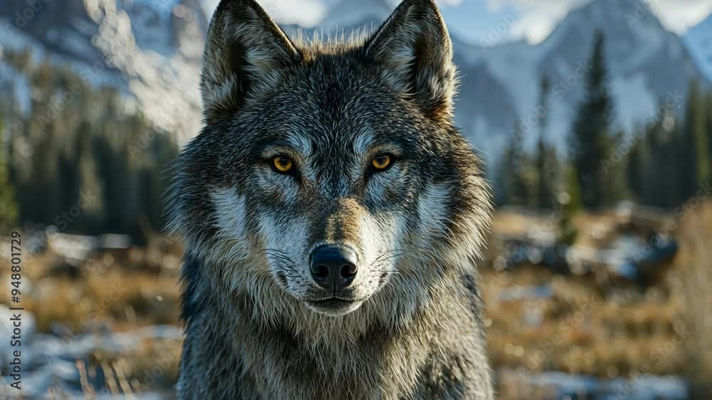 Majestic gray wolf gazes into the camera in a mountainous landscape during a sunny day Majestic gray wolf gazes into the camera in a mountainous landscape during a sunny day