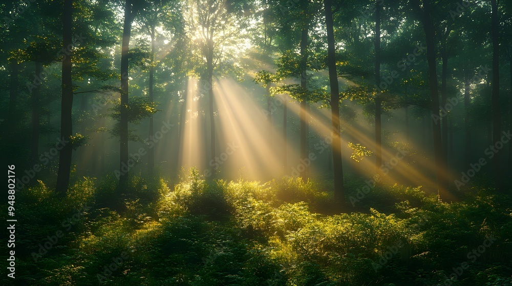 Fototapeta premium Misty Forest Morning, a serene scene of a dense forest enveloped in mist, soft sunlight streaming through towering trees, creating a tranquil, ethereal atmosphere.