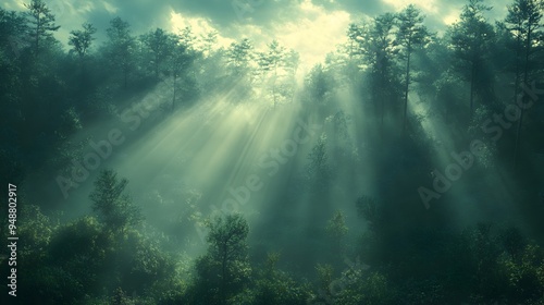 Misty Morning Serenity, a tranquil forest enveloped in fog, sunlight streaming through lush foliage, creating a mystical atmosphere and a sense of calm and wonder.