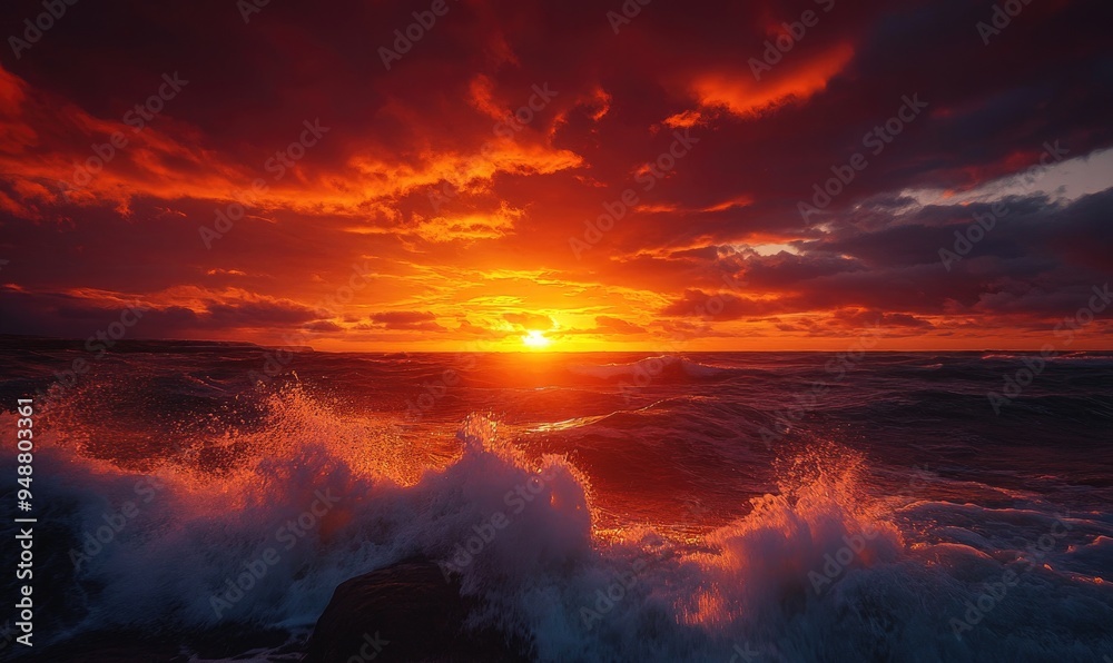 Deep orange and red sunset over a rocky coastline