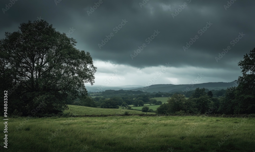 Dark, overcast sky looming above a quiet countryside Dark, overcast sky looming above a quiet countryside