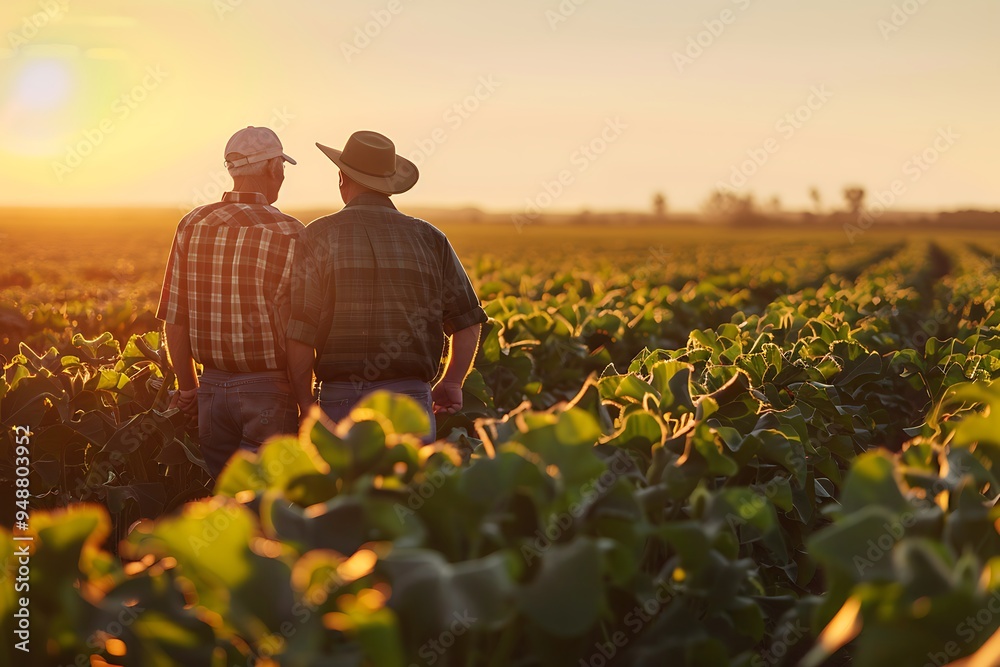 Two farmers Examining Soy Crops for Health and Yield in Rural Field Two farmers Examining Soy Crops for Health and Yield in Rural Field