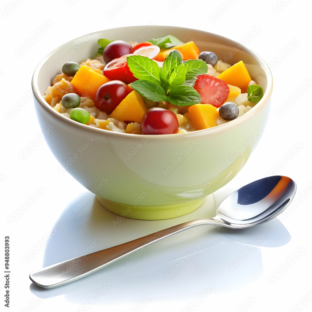 a bowl of food with a spoon with white background
