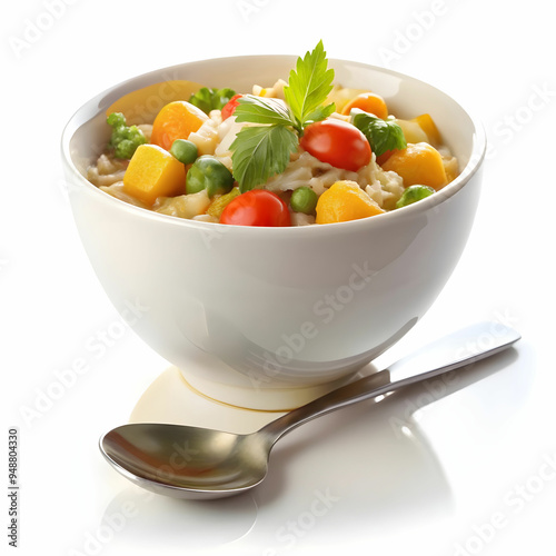 a bowl of food with a spoon with white background