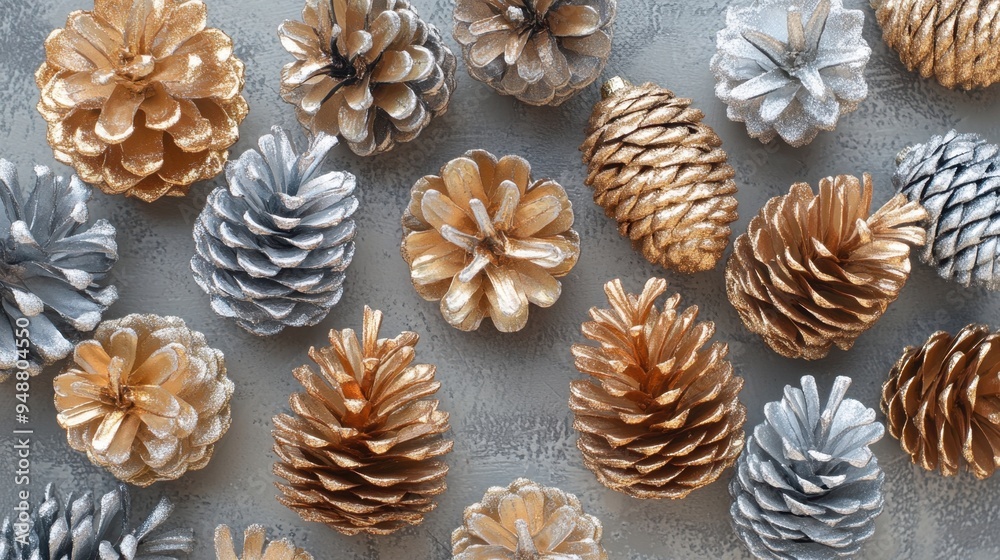 glamorous holiday decor, pine cones painted in gold and silver, nestled on textured craft paper, bringing shimmer and glamour to the christmas decor glamorous holiday decor, pine cones painted in gold and silver, nestled on textured craft paper, bringing shimmer and glamour to the christmas decor