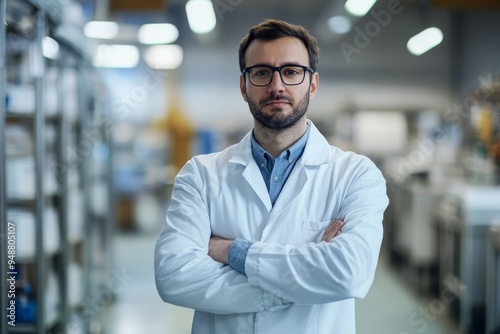 Male scientist with crossed arms standing in a laboratory.